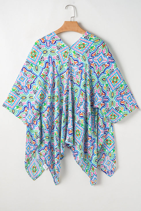 White Boho Floral Printed Rhinestone 3/4 Sleeve Open Front Kimono
